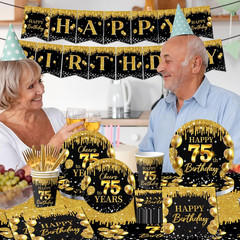 75th Birthday Decorations for Men Women, 142Pcs Black Gold 75th Birthday Deco…