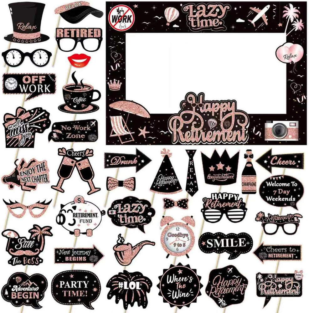 Retirement Party Photo Booth Props Kit – 37Pcs Paper Photo Props 1 Frame Glitter