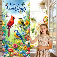 Spring Welcome Door Cover Decorations Spring Summer Bird Flower Door Banner E…