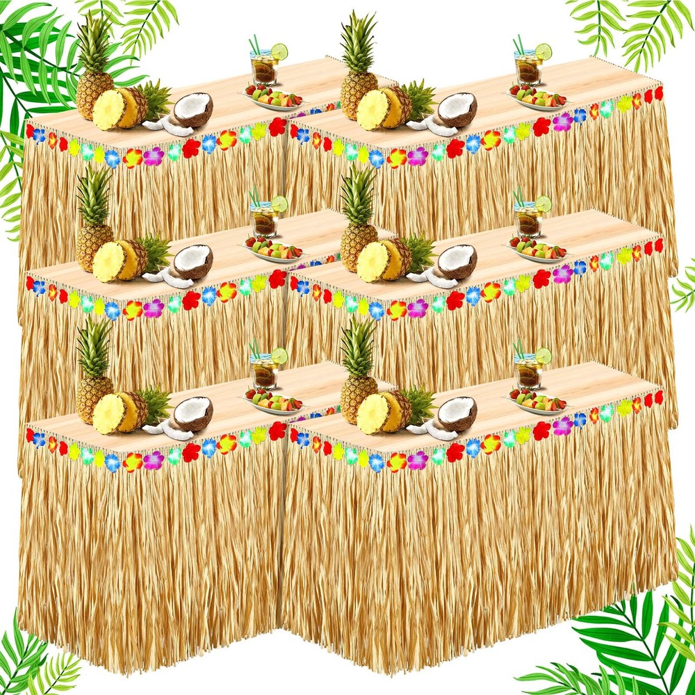6 Pcs Luau Grass Raffia Table Skirt 9 Ft X 30 Inch Hawaiian Hibiscus Table Skirt