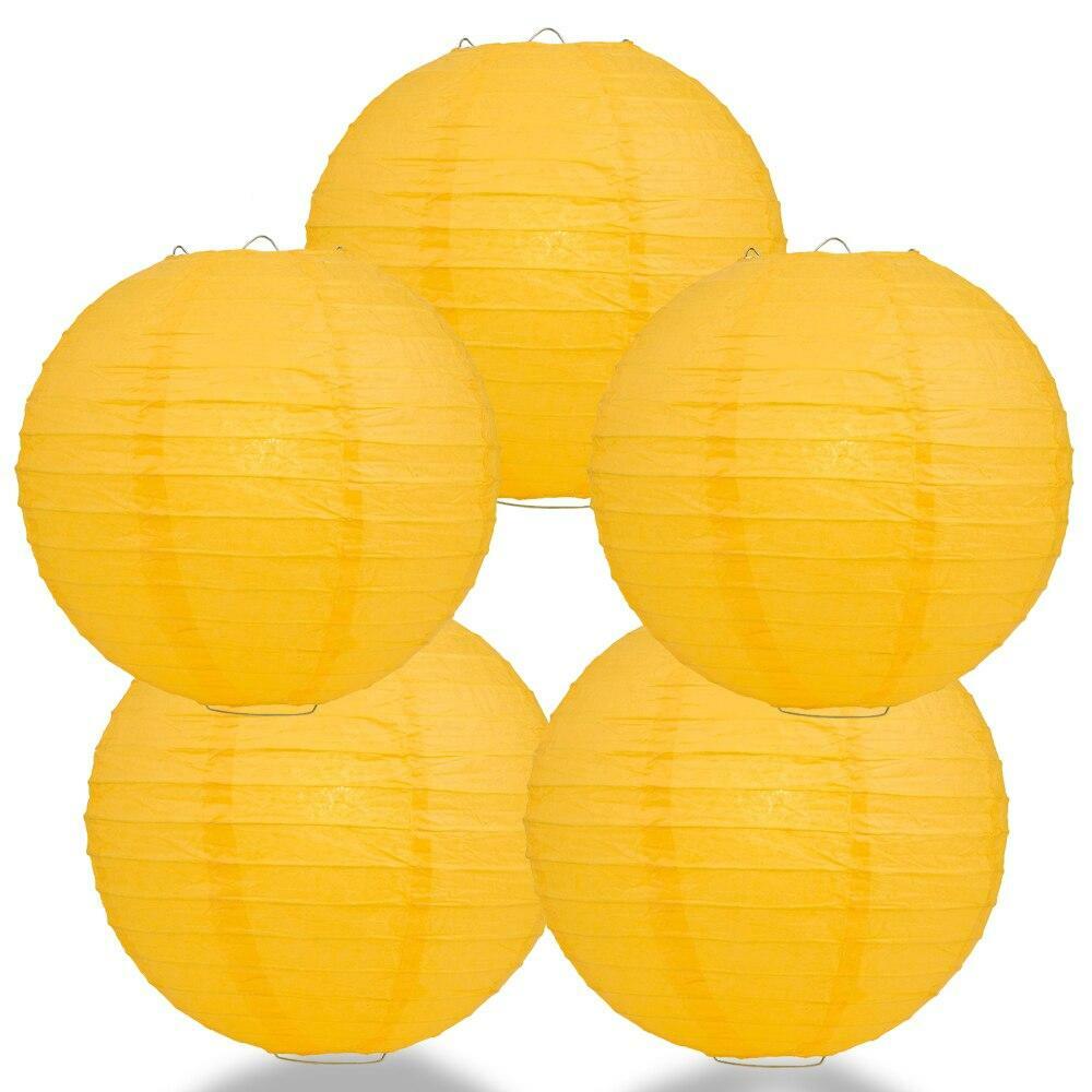 BULK PACK (5) 8″ Yellow Round Paper Lantern, Even Ribbing, Chinese Hanging Weddi