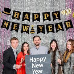 Happy New Year 2026 Banner, Black and Gold Happy New Year Party Supplies, Hangin