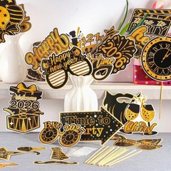 New Years Photo Booth Props 2026, Pack of 30 Black and Gold NYE Photo Props for