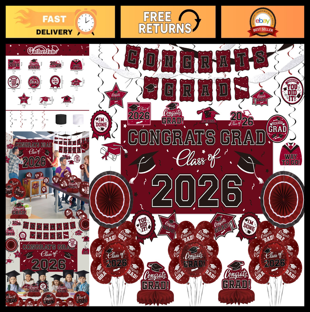 Maroon Graduation Decorations Set 2026 – Congrats Grad Banner, Backdrop, Balloon