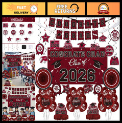 Maroon Graduation Decorations Set 2026 – Congrats Grad Banner, Backdrop, Balloon