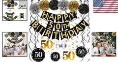 Classy 50th Birthday Celebrations: Black & Gold Banner & Hanging Swirls Ensemble