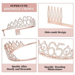 65th Birthday Decorations for Women, Including Sash, Crown/Tiara, Rose Gold