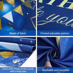 Happy Birthday Backdrop Banner Navy Blue Gold Party Decoration 72.8 x 43.3 Inch