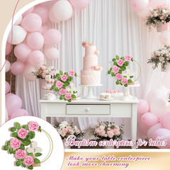 48 Pcs Baptism Centerpieces for Tables, 12 Wooden Cross Floral Hoop with Roses D