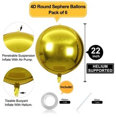 Gold Metallic 22 Inch 4D Big Round Foil Balloons W/Ribbon & Straw Pack of 6