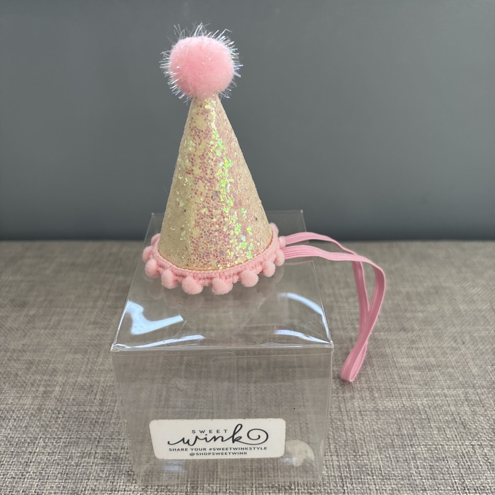 Sweet Wink Pink Glitter Birthday Hat with Pink Pom for Baby/Kid/Pet