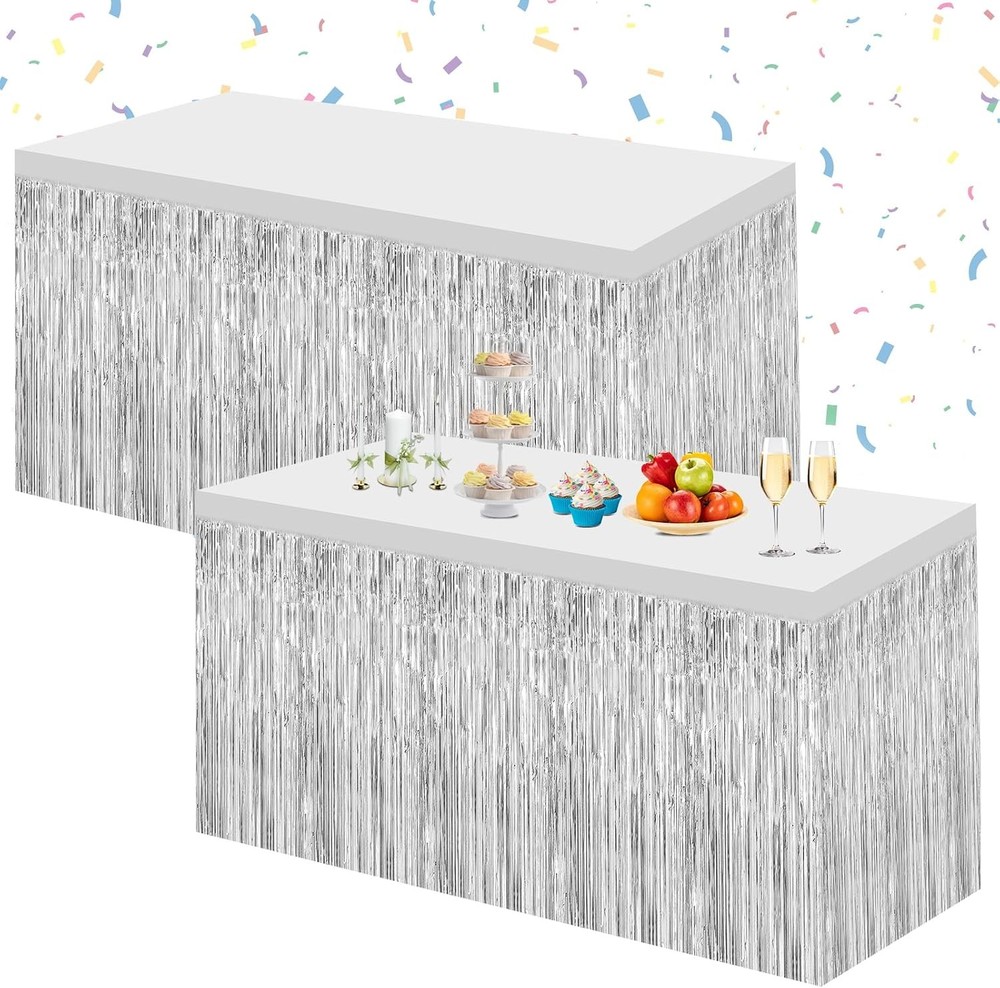 2 Pack 29.5×108 Inch Silver Foil Fringe Tinsel Table Skirts Disposable Table