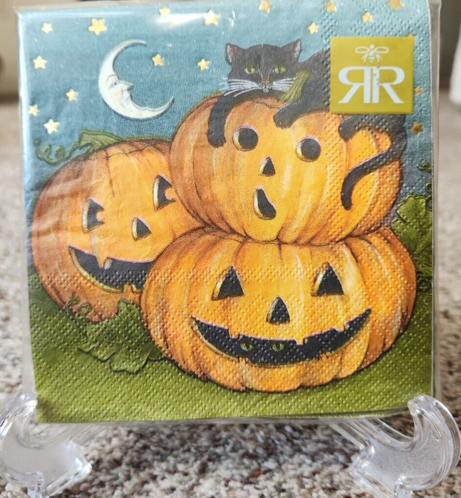 40 Halloween Black Cat Pumpkins Silver foil Embossed Stars Moon Paper Napkin 5×5