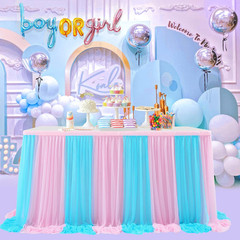 6Ft Pink and Blue Table Skirt for Gender Reveal Tulle Tutu Table Cloths Cover fo