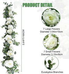 6FT Artificial Eucalyptus Garland with 14 Fake White Rose Flowers – Floral