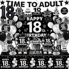 18th Birthday Party Supplies for Boys & Girls – Black Decor Set, Plates, Napkins