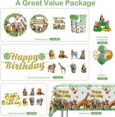 201Pcs Safari Birthday Decorations Tableware Set, 25 Serves Safari Plates and Na