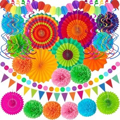 Party Decorations Set, Multi-Color Paper Fans Garland Pom Poms Swirls, Fiesta