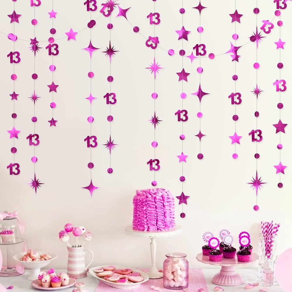 Hot Pink 13th Birthday Decorations Number 13 Circle Dot Twinkle Star
