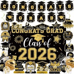 Graduation Decorations 2026 Black Gold Themed Set Included Congrats Grad Bann…