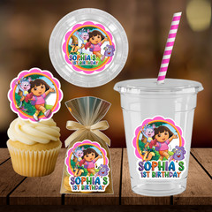 Dora Explorer –Inspired 16 oz Party Cups with Lids & Paper Straws – Set of 12
