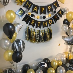 Happy Birthday Banner,Black and Gold Party 8 inches x 5 inches, Regular