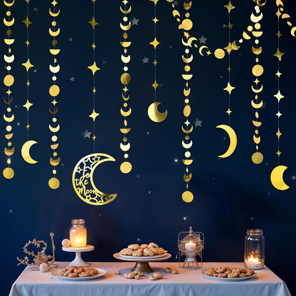 Gold Star Moon Garlands to The Moon Party Decorations Celestrial Decor Moon P…