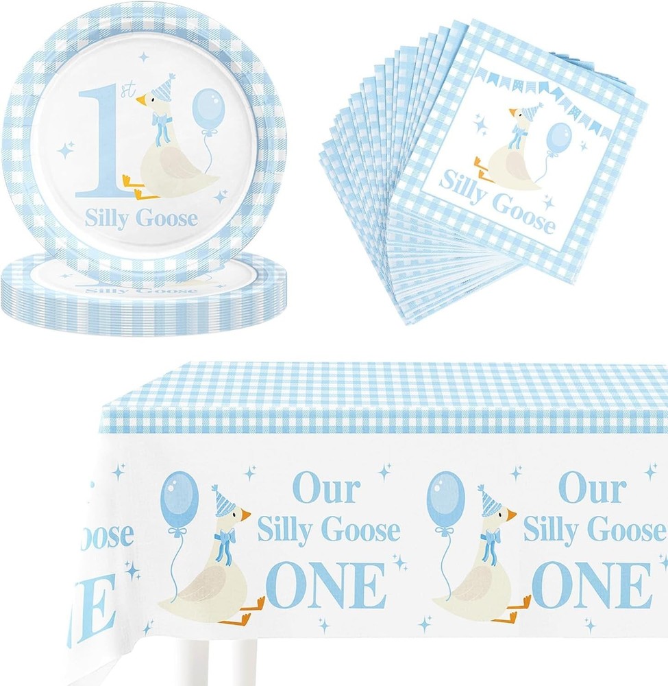 Blue One Silly Goose Birthday Disposable Tableware (Plates, Napkins, Forks)