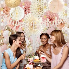 Boho Pink Birthday Party Decorations, Happy Banner, Paper Lanterns, Peach Stream
