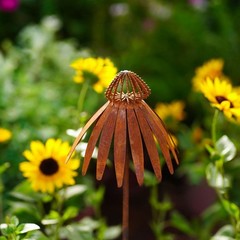 Bronze Rusted Echinacea Garden Stake Metal Art for Lawn and Flower Beds