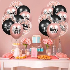 40th Birthday Balloons, Rose Gold & Black 1985 Confetti Latex for Women, 18pcs