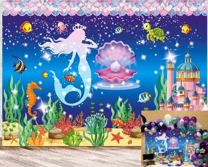 Birthday Backdrop Mermaid-Under the Sea Theme (8x6FT) Baby Shower, Blue & Purple
