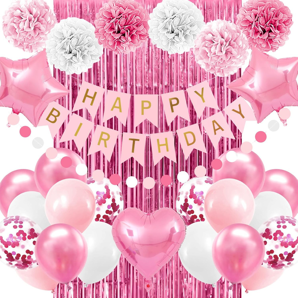 Pink Birthday Party Decorations for Girls Women Happy Birthday Banner Light Pink