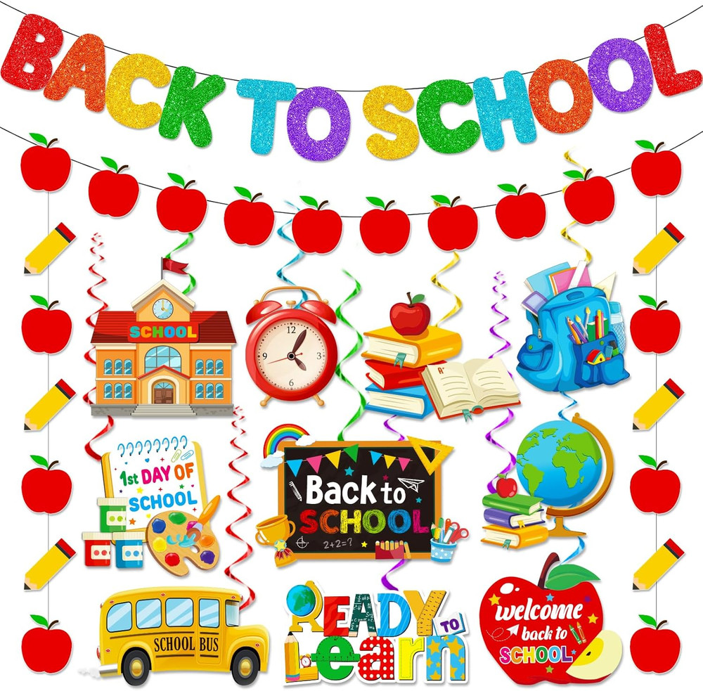 Back to School Decorations Banner,Back to School Banner and Apple Pencil Garland