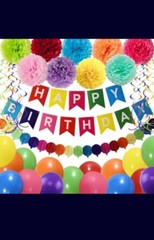 Happy Birthday Decoration Set, Banner, Multi-Color Balloons, Pom-Poms, Swirls