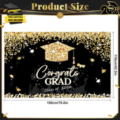 Graduation Decorations 2026 – Black and Gold Graduation Backdrop and Congrats Gr