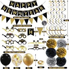 Happy New Years Decorations 2026, Black and Gold New Years Banner, Triangle Flag