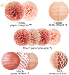 Rose Gold Party Decorations – 12PCS Pom Poms, Lanterns & Confetti Set