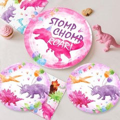 cocomigo 181pcs Pink Dinosaur Birthday Decorations Tableware Set, Watercolor …
