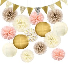 16 Pcs Party Decorations – Paper Lanterns, Pom Poms For Wedding, Birthday, Etc