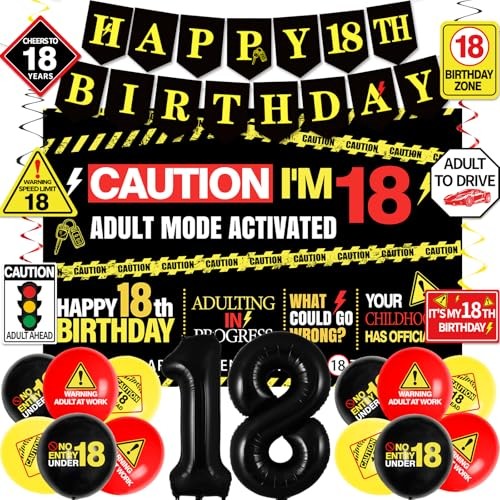 18th Birthday Decorations for Boys Girls, Caution Logos 18th Black Red Yellow