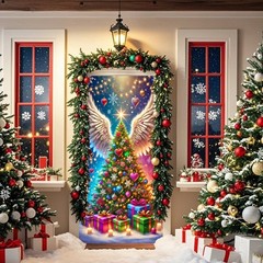 Christmas Tree Front Door Coverss Wrap Xmas Holiday House Hanging Banner Wint…