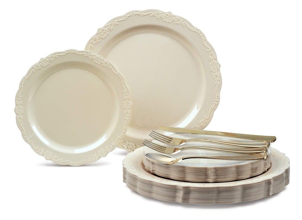 OCCASIONS 150PCS Ivory Plastic Plates with Gold Silverware for 25 Guests – El…