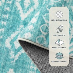 Lahome Boho Geometric Bathroom Runner Rug, 2×6 Teal 2′ x 6′, Teal/White
