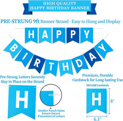 Blue Birthday Decorations Kit – 16-Piece Set with Pre-Strung Happy Birthday Bann