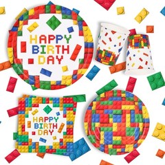 Vibrant Building Block Party Supplies – Plates, Napkins & Tablecloth for 25