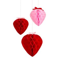 Valentine’s Day Hanging Heart Decorations – Honeycomb Hearts with Satin Bows x 3