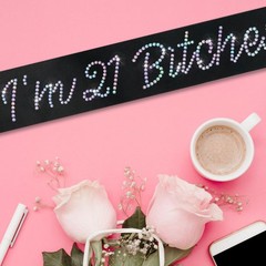 I’m 21 Bitches Birthday Sash, Black Satin Sash with Glitter