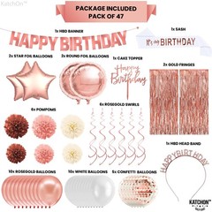 Rose Gold Birthday Decorations Set – Pack of 47, Balloons, Pompoms, Banner