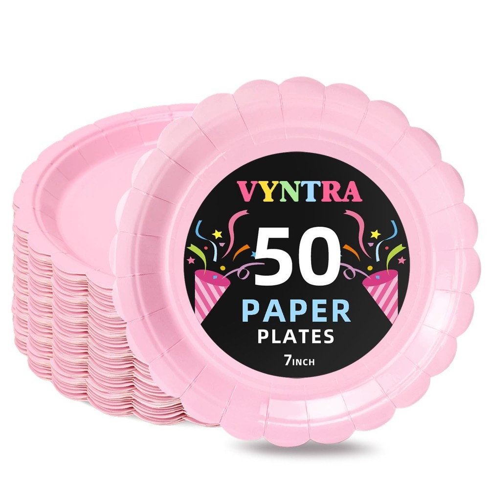 Vyntra Pink 7 Inch Scalloped Paper Plates, 50 Count Disposable Dessert Plates…